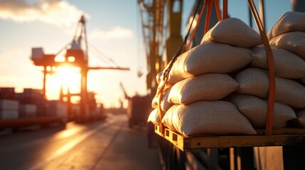 A crane suspends a pallet of cargo bags at a busy shipping dock during golden hour, with radiant sunlight creating striking shadows, representing industry and progress.