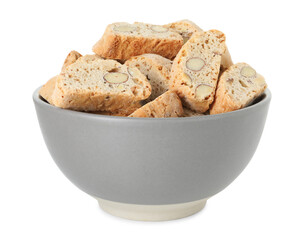 Traditional Italian almond biscuits (Cantucci) in bowl isolated on white