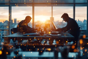 Two silhouetted individuals working on computers in a vibrant office environment during sunrise, representing technology, collaboration, and innovation in a digital age.