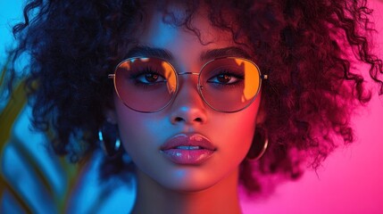 Fototapeta premium A close-up portrait of a young woman with curly hair, wearing stylish sunglasses against vibrant lighting.