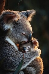 Fototapeta premium Close-up of a koala tenderly embracing her joey with a serene, protective expression