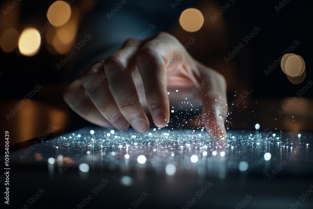 Poster a hand interacts with a complex digital interface on a touchscreen device in a dark setting, symboli