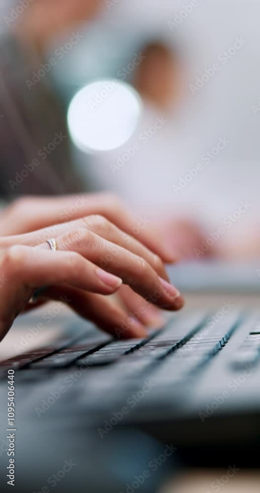 Aufkleber Typing, hands and business with Japanese person in office for project, communication and email. Web developer, closeup and keyboard with employee and computer in agency for online, internet or report