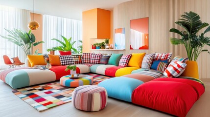 A bright and cheerful living room featuring a multicolored sofa, geometric and striped cushions, woven wall decor, and vibrant tropical accents.