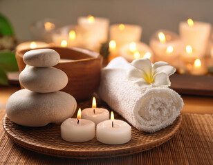 Bien-&ecirc;tre & massages : bougies, fleurs et serviette pour un soin naturel