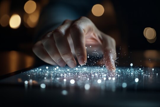A hand interacts with a complex digital interface on a touchscreen device in a dark setting, symbolizing engagement with technology and digital interactivity.