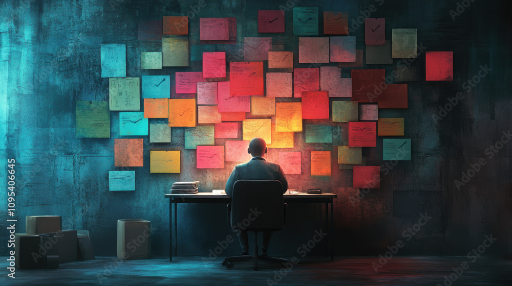 Poster a person sits at a desk, illuminated by light, in front of a wall covered with colorful sticky notes