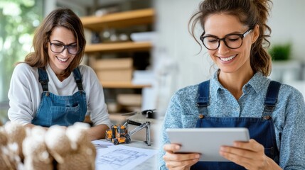 A designer wearing glasses uses a tablet while examining blueprints and scale models on a desk. The scene suggests analysis and creativity in a workspace.