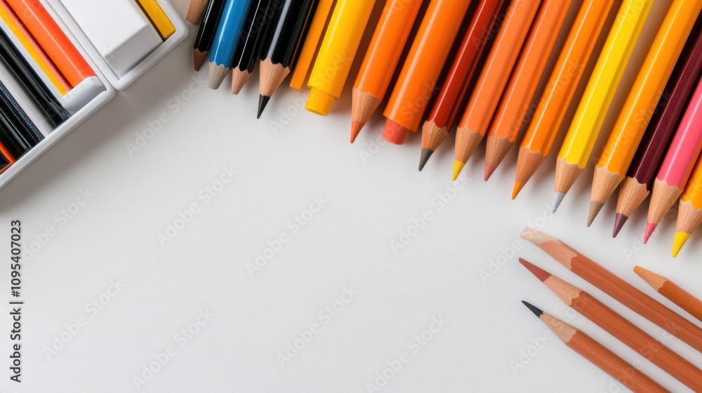 Aufkleber a selection of colorful pencils is displayed on a stark white background, emphasizing a blend of art