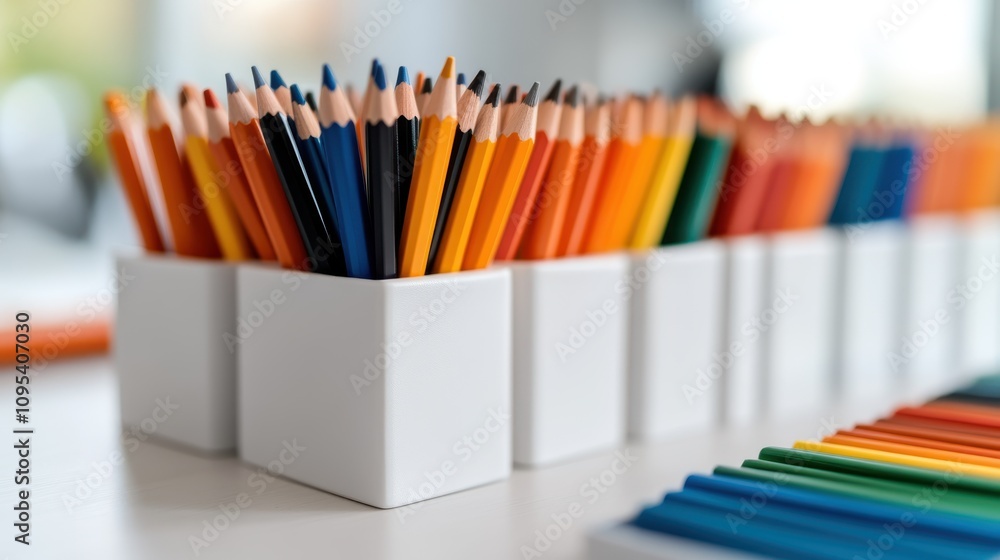 Aufkleber the image shows multicolored pencils standing in white holders, lined up on a desk, presenting a nea