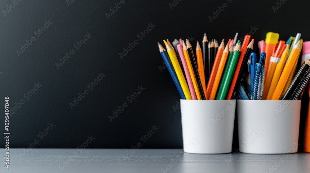 Aufkleber an array of pencils and pens in white cups sit on a dark-colored desk against a black wall, capturin