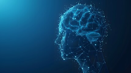 Abstract human head with brain inside, made of glowing lines and dots.