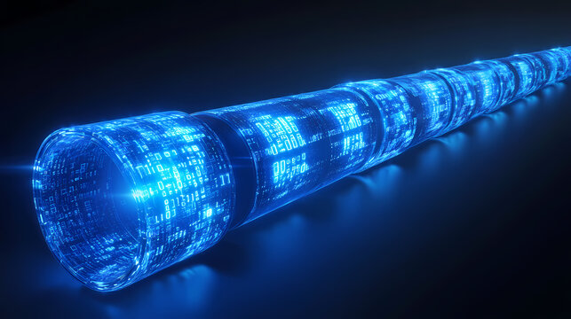 Long digital pipeline formed by vibrant glowing blue matrix binary code. Futuristic Neon Circuit. Illustration