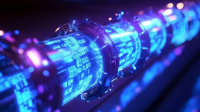 Long digital pipeline formed by vibrant glowing blue matrix binary code. Futuristic Neon Circuit. Illustration