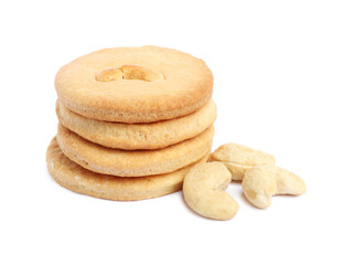 Stack of tasty cashew cookies isolated on white