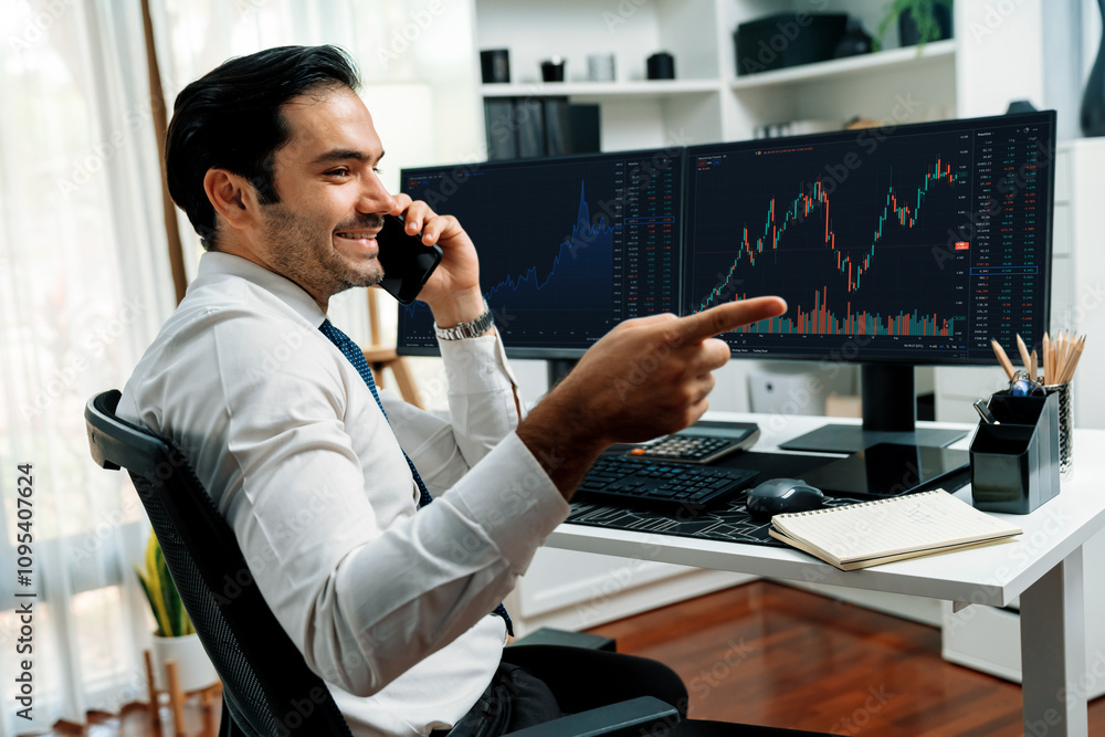 Poster trader businessman calling to consultant or partner with two stock exchange investment, compare data