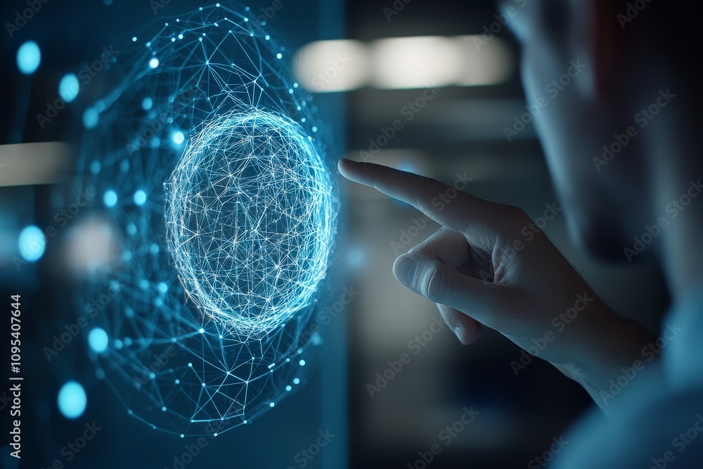Aufkleber a person's hand points towards a digital sphere representing a holographic network, symbolizing inno