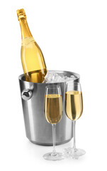 Champagne and bucket with ice isolated on white