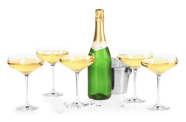 Champagne and bucket with ice isolated on white