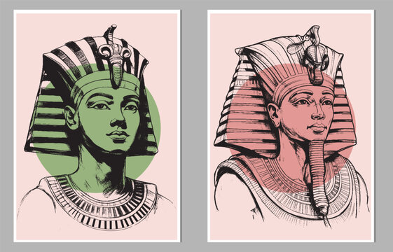 A set of hand-drawn illustrations featuring ancient Egyptian figures in traditional attire, abstract style with colorful geometric elements. Tempura design for print, canvas, poster