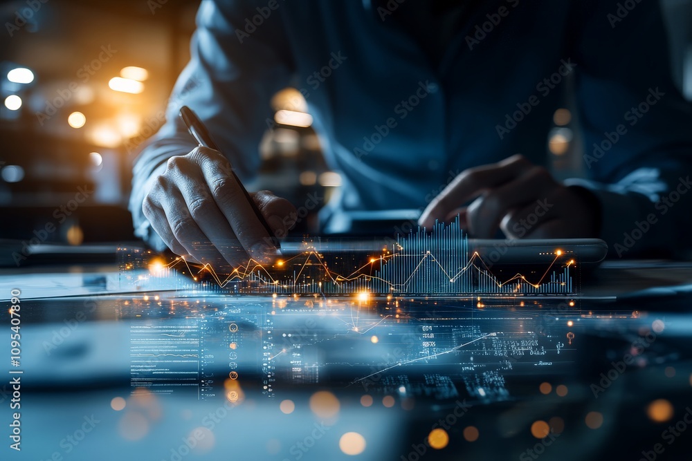 Poster a professional analyzes financial data using a sleek, futuristic interface with glowing data visuali