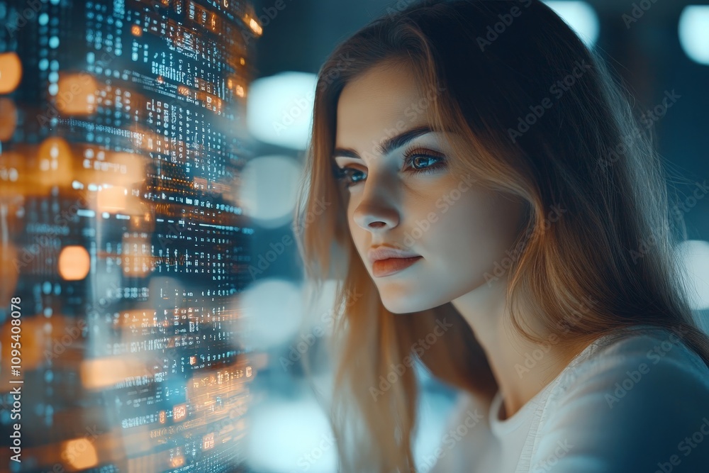 Aufkleber the image showcases a woman intently analyzing digital data on a glowing holographic interface, high