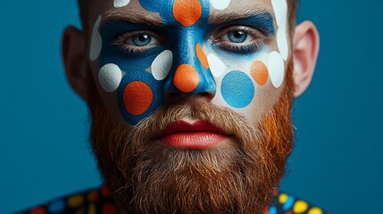 Close-up portrait of a man with colorful face paint and beard.
