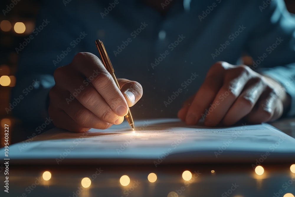 Poster an elegant close-up of hands forming a signature on paper with a glowing pen, emphasizing the themes