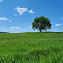 green grass field with tree in background blue sky sunny day