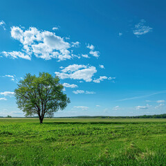 Obraz premium green grass field with tree in background blue sky sunny day