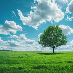 Fototapeta premium green grass field with tree in background blue sky sunny day