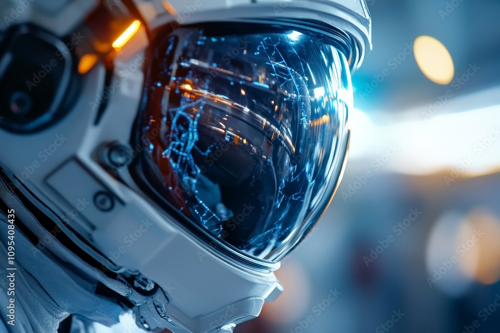 Poster the image shows an astronaut's helmet featuring advanced digital display lights, creating a modern a