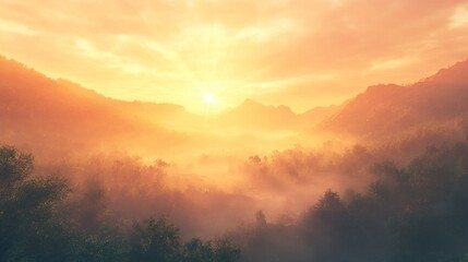 Obraz premium Sunrise over misty mountains and valleys golden light.