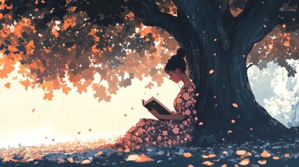 Autumn Serenity, a young woman in a floral dress reads under a majestic tree, surrounded by falling leaves in warm hues, creating a tranquil moment of escape.