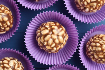 Tasty chocolate puffed rice balls on blue table, flat lay