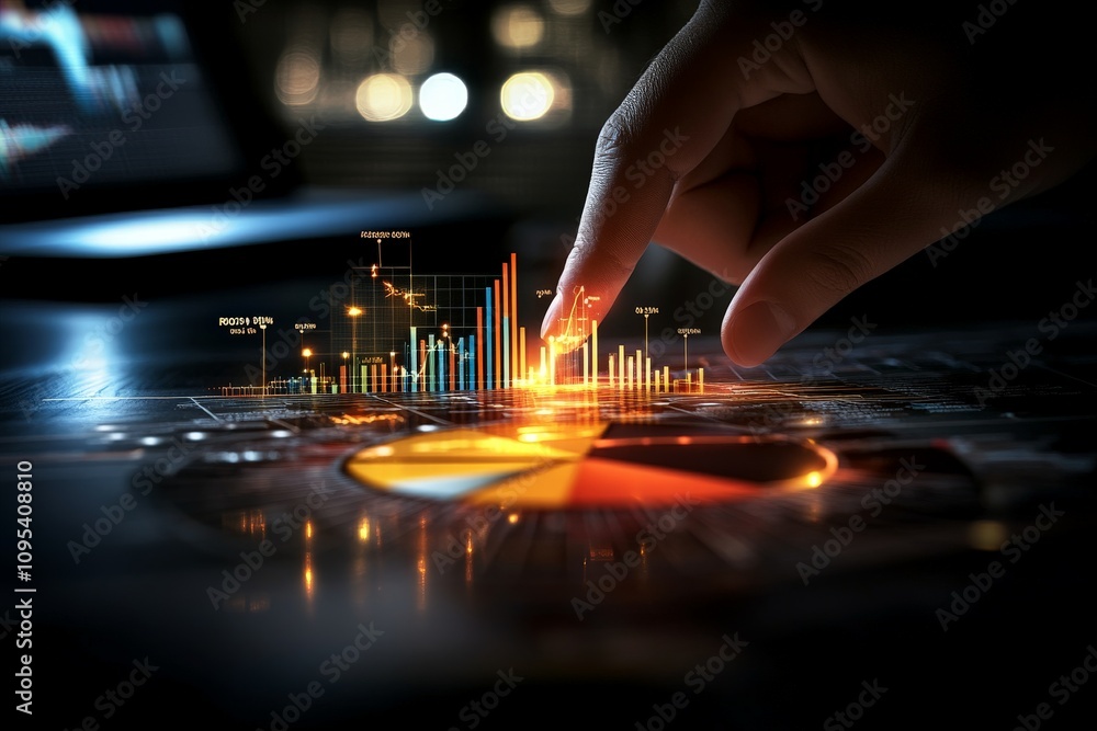 Poster a hand interacts with digital data represented by vibrant bar charts and graphs, symbolizing analysi