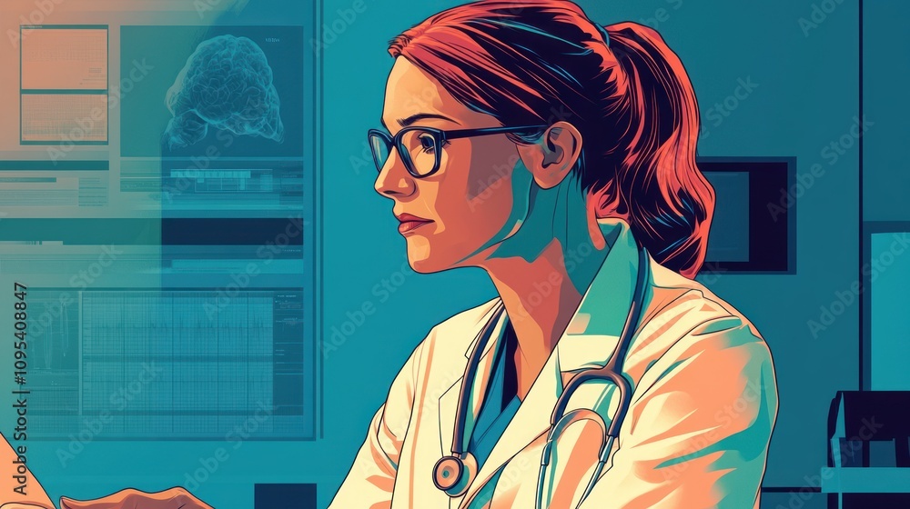 Poster female doctor with stethoscope examining a 3d brain scan