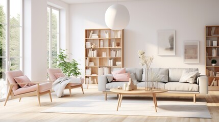 Light filled living room with a light beige sofa wooden furniture