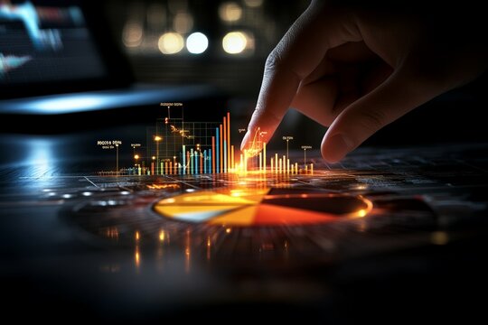 A hand interacts with digital data represented by vibrant bar charts and graphs, symbolizing analysis, technology, and innovation in data-driven decision making.