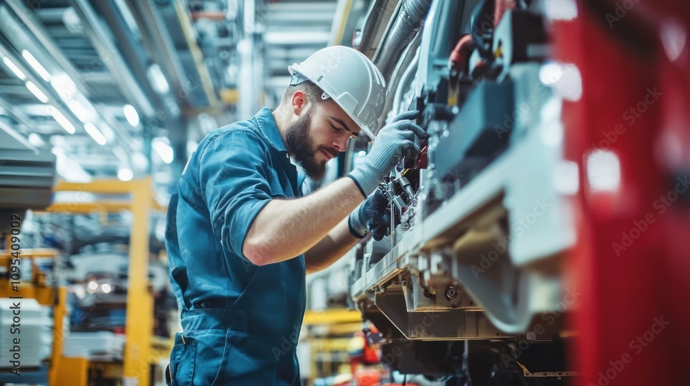 Poster A Focused Mechanic Working on a Vehicle Undercarriage in a Factory