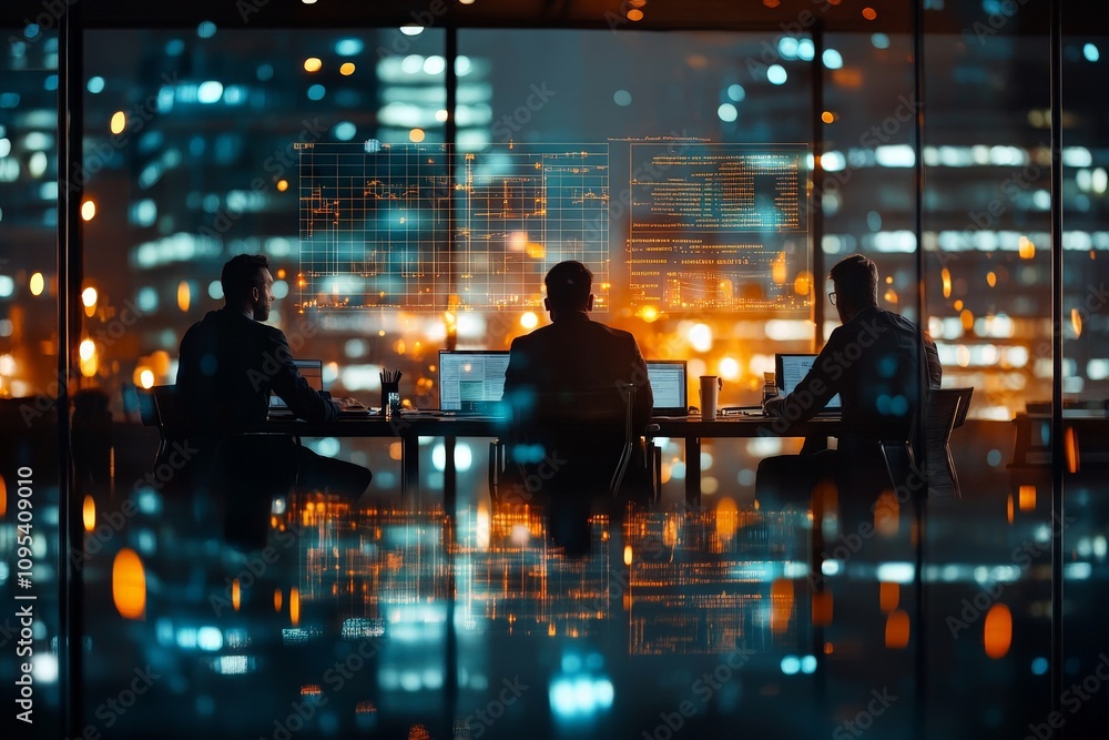 Aufkleber three professionals collaborate on digital analytics in a modern city office setting at night, surro