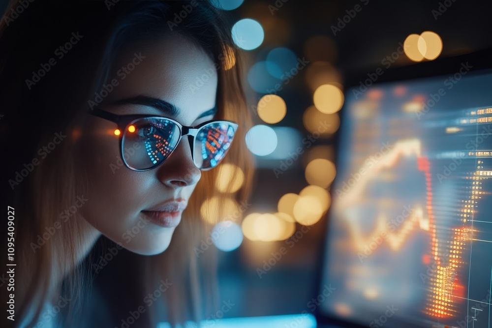 Poster a woman wearing glasses attentively examines data on a computer screen, reflecting a complex graph f