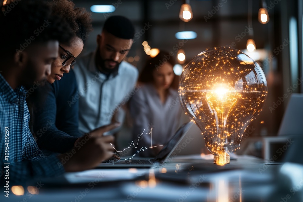Poster a diverse team collaborates with a glowing light bulb symbolizing innovation and creativity in a mod