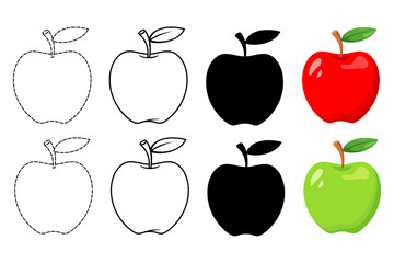 Green and Red Apple Set Collection with Line Art, Dashed Line for Kids Coloring, Flat Silhouette and Colored Design, Editable and Scalable Vector Illustration Isolated on White