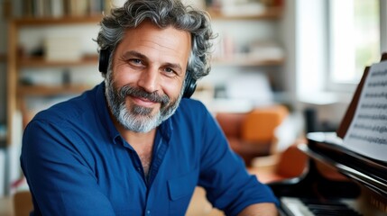 Fototapeta premium Gray-haired man with headphones sits at a piano, enjoying the soothing melody, surrounded by bookshelves and a warm inviting atmosphere in a library.