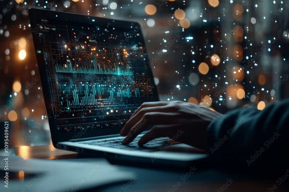 Poster a person types on a laptop, illuminated by digital graphs, highlighting the synergy of technology, d