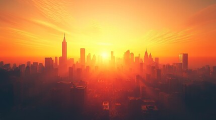Fototapeta premium Sunrise over a city skyline silhouetted buildings against a bright orange sky.