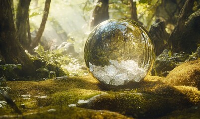 Crystal Sphere Rests In Sunlit Forest Clearing