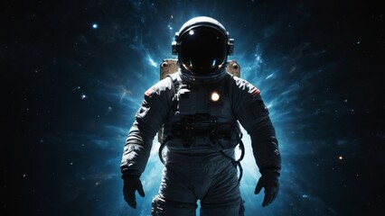 An astronaut explores the vast cosmos, illuminated by distant stars and swirling galaxies