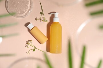 Stylish presentation of cosmetic products on beige background, flat lay